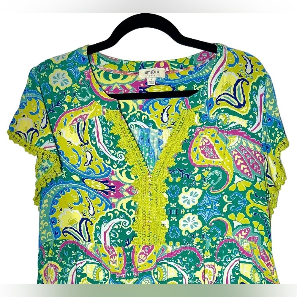 Umgee Vibrant Paisley Dress w/ Pockets & Embroidered Lace Sleeves & V-Neckline L - Picture 6 of 14